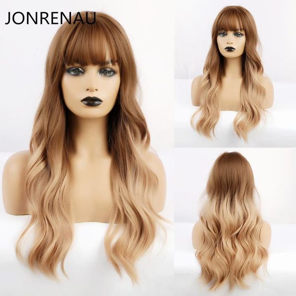 

jonrenau light brown dark root long synthetic natural wave wigs with neat bangs for white/black women party wear