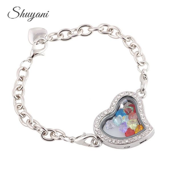 

5pcs alloy 4colors heart floating locket bracelet with crystal birthstone charms living magnetic glass locket bracelet, Golden;silver