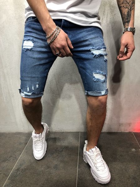 

Denim Blue Mens Shorts Summer Half Length Ripped Skinny Slim Fit Street Teenager Shorts