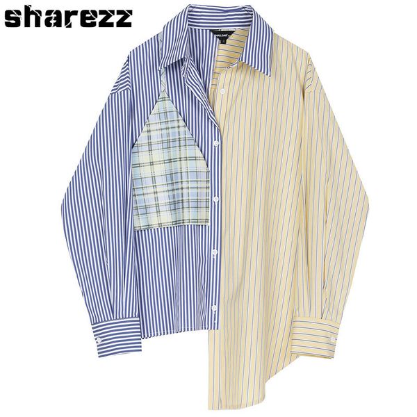

sharezz весна осень 2020 новая полосатая рубашка лацкан асимметрия с длинным рукавом свободная посадка повседневная большой размер женские т, White