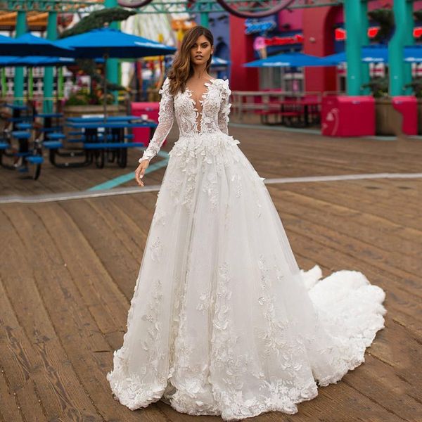 2020 3D Appliqued Wedding Dresses Praia V Neck Backless manga comprida vestidos de casamento Boho vestidos de noiva vestido de novia