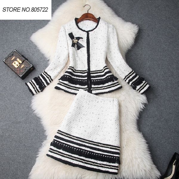 

designer clothing sets women beading wool jackets suits+warm wool pencil skirt set elegant business suit female set, White