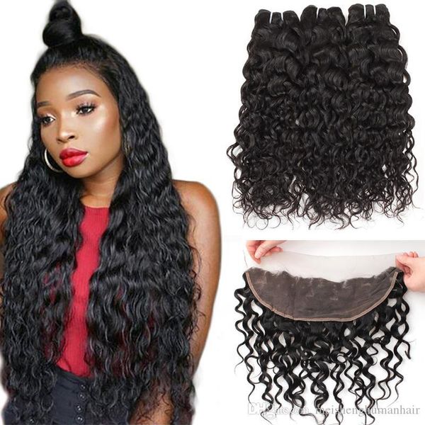 

8a brazilian virgin human hair 3bundles with 13x4 ear to ear lace frontal water wave deep loose wave kinky curly human hair bundles, Black