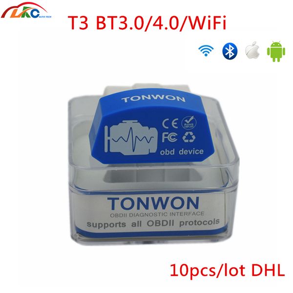 

10 шт. / лот dhl tonwon 3 bt3. 0/4.0 / wifi obdii автомобильный диагностический сканер инструмент считыватель кода obdii устройство инструме