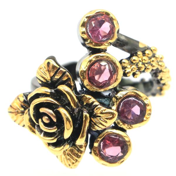 

27x25mm sublime antique vintage created pink tourmaline gift for ladies black gold silver rings, Golden;silver
