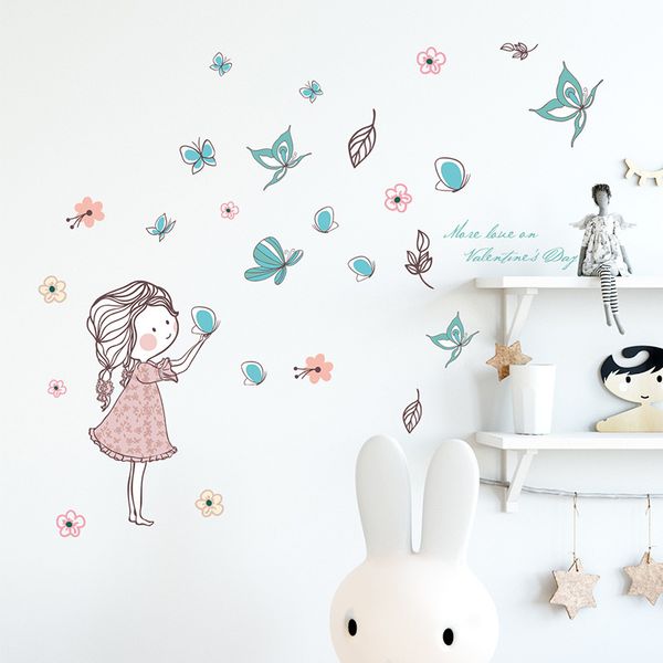 

flying butterfly girl wall stickers bedroom girls room home decoration art mural cartoon stickers children's room wallpaper