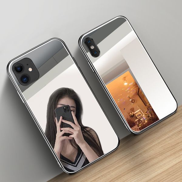 

luxury makeup mirror phone case for iphone 11 pro xs max x xr hard tempered glass back cover for iphone 8 7 6 6s plus capa coque