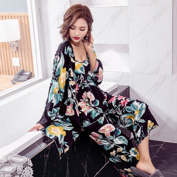 

zdfurs*2019 women sleepwear nightwear kimono robe soild spring autumn cotton 3 pieces suit bathrobe elegant bathroom spa robe, Black;red