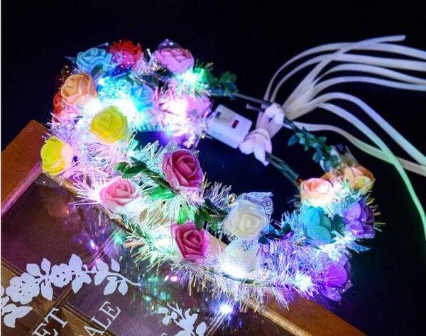 Ghirlanda di fiori a led Ghirlanda luminosa in seta dorata fascia da sposa colorata luci a LED nastro copricapo da fata in rattan Festival decorazioni per feste di matrimonio