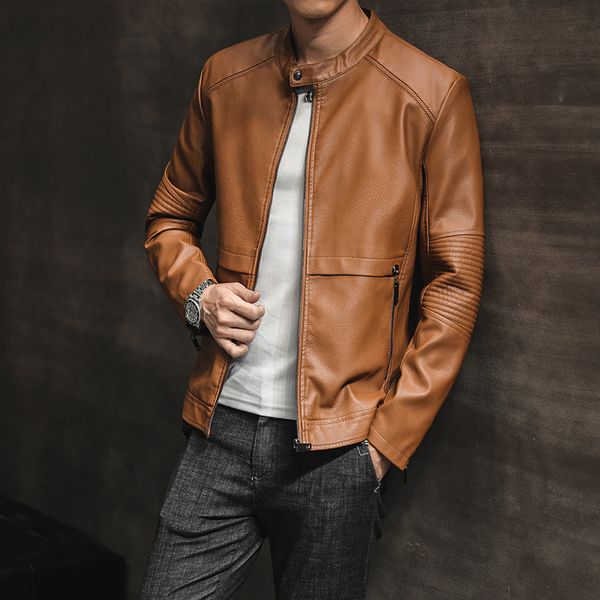 

maidangdi men jacket 2020 spring casual motor pu leather jacket male's spring autumn solid color vintage leather coats, Black;brown