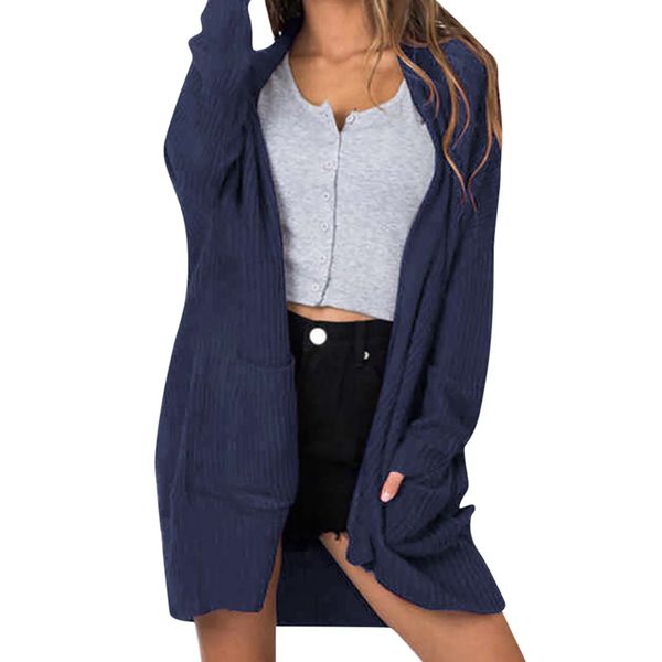 

plus size autumn women's sweater cardigan solid medium-length loose cardigan with pocket open stitch casual female sweater, White