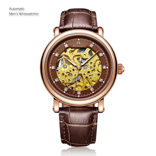 

rose gold leather men business wrist watch vintage design crystal analog waterproof men mechanical watches relogio masculino, Slivery;brown