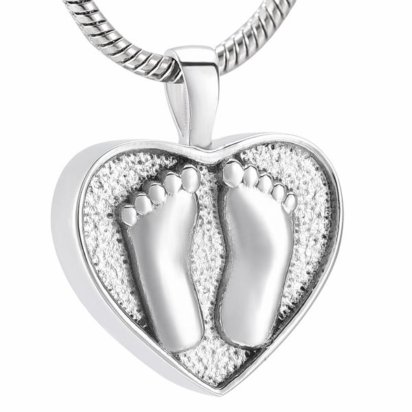 

ijd10002 stainless steel cremation pendant heart shape casket human foot engraved ashes holder keepsake for loved one, Silver