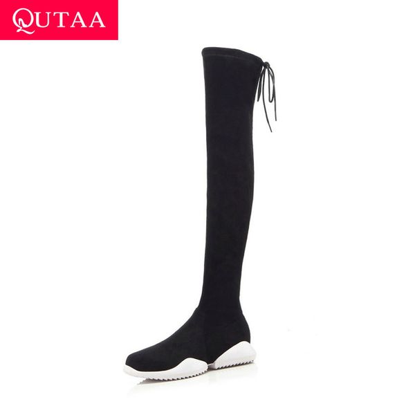 

qutaa 2020 new winter genuine leather flock women shoes zipper lace up fashion wedge heel stretch over the knee boots size 34-40, Black