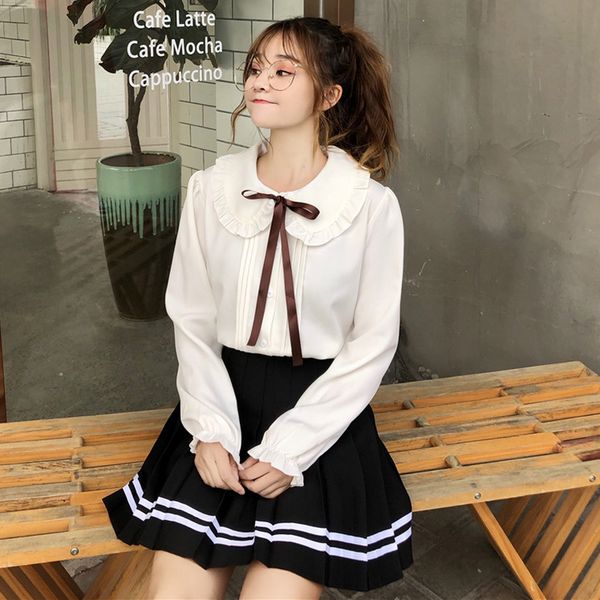 

2019 spring new suit korean chiffon shirt + pleated skirt japanese sweet harajuku student campus two-piece, White
