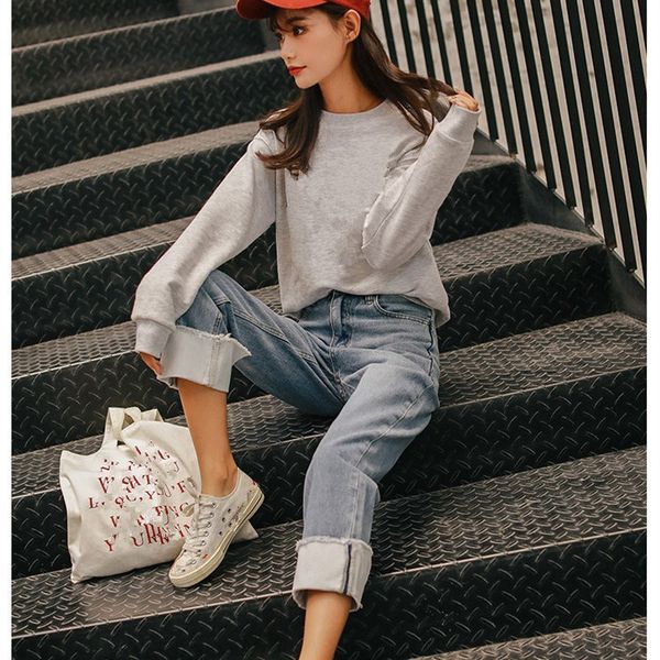 

fashion 2019 new high waist women straight jeans vintage solid crimping denim wide leg pants streetwear loose trousers, Blue