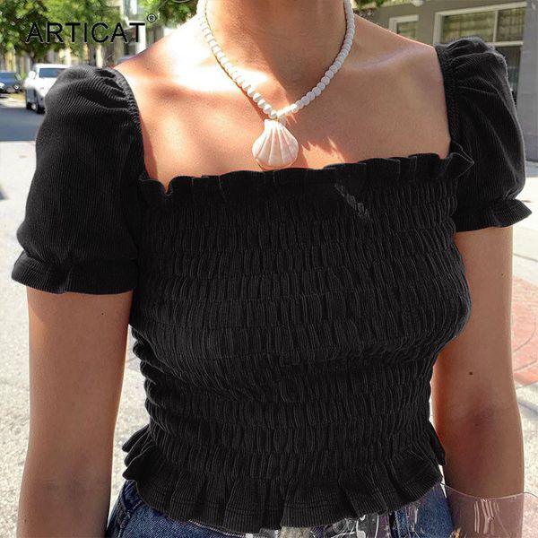 

women's tanks & camis articat puff short sleeve square collar crop women elastic pleated ruffles bodycon basic t shirt 2021 summer ladi, White