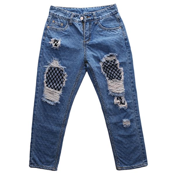 

womens ripped torn distressed leg denim jeans ankel ladies trouser pants, Blue