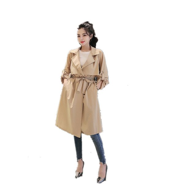 

women's windbreaker spring and autumn coat lapel belt slimming long sleeves fashion wild spring and autumn new coat, Tan;black