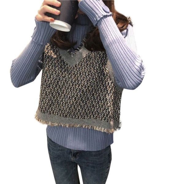 

autumn winter sweater slim sweet patchwork sleeveless color pullover v-neck loose casual sweaters, Black;white