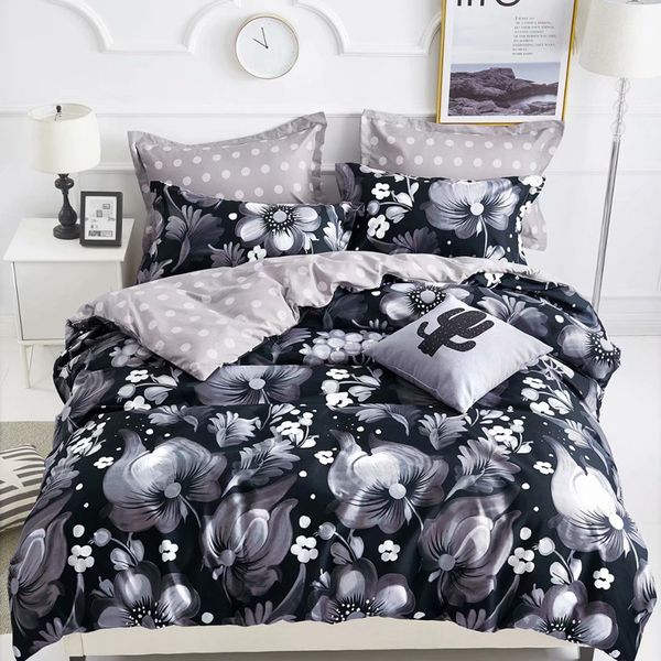 

classical double sided bed linings concise style bedding set quilt cover pillowcase bed 2-3pcs/set duvet cover black flowers