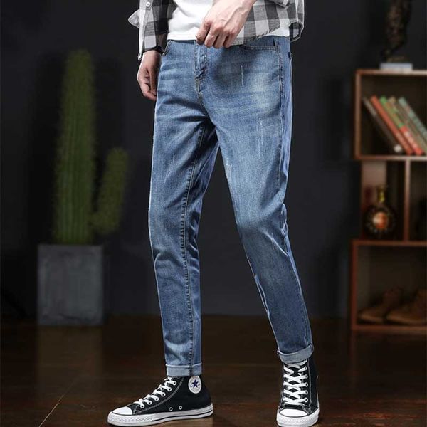 

men's jeans men's summer new style hole pants self-cultivation korean tide nine points feet pants cotton large size jeans, Blue