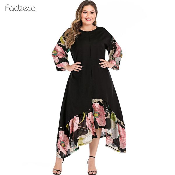 

fadzeco women dress plus size 2019 autumn dress women casual long sleeve party maxi loose splice print ruffled hem, Black;gray