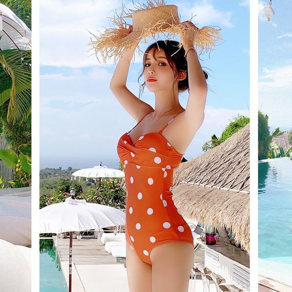 

2020 one-piece backless polka dot female 2020 swimsuit bikini one-piece backless polka dot swimsuit female bikini, White;black