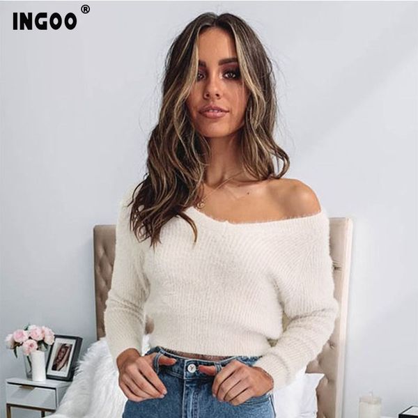 

ingoo autumn winter knitted pullover women sweater loose solid v-neck long sleeve streetwear striped midriff-baring sweaters, White;black