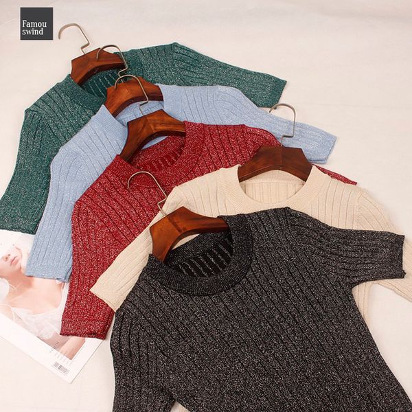 

2019 весна лето tshirt вязаная crew neck женщины футболка мода люрексом top блеск короткие рукава основные ребро женский, White