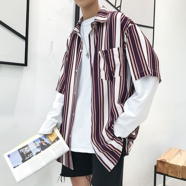 

summer striped shirt men's fashion contrast color casual short-sleeved shirts mens streetwear loose society men dress shirt, White;black