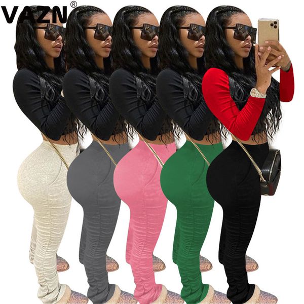 

vazn new arrival 2020 summer lady 5 colors solid long pants elastic mid waist pockets long pants casual street wear, Black;white