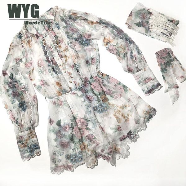 

romantic floral 100% real silk playsuit 2020 spring summer frilled ruffles embroidery long sleeve pleated overalls, Black;white