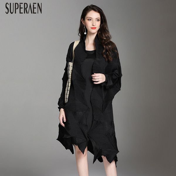 

superaen irregular trench coat for women 2019 autumn and spring new fold windbreaker female lapel wild women clothing, Tan;black