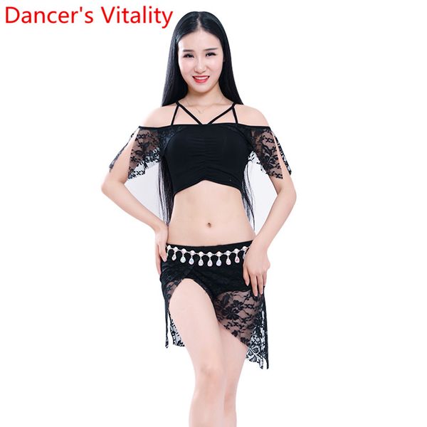 

women girls belly oriental dancing wear performance costume modal lace splicing split skirt 2pcs set suit, Black;red