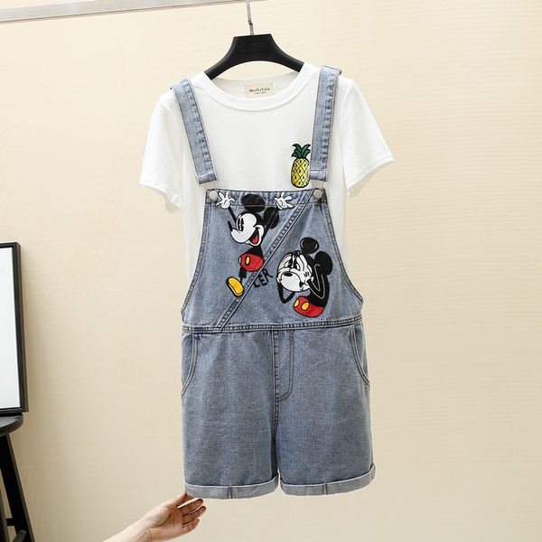

washed denim shorts overalls women cartoon print jumpsuits loose plus size suspenders jeans rompers female denim shorts jumpsuit, Black;white