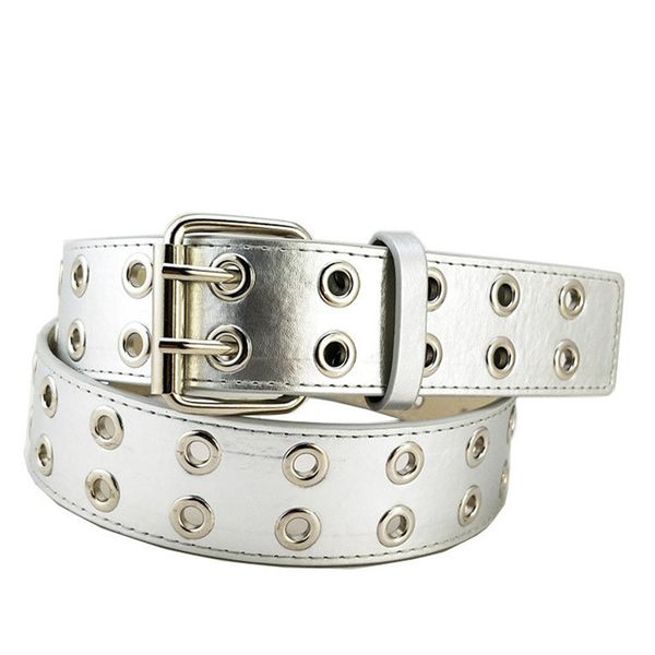 

womens punk hollow out air hole style belt adjustable black double eyelet grommet leather buckle belt, Black;brown