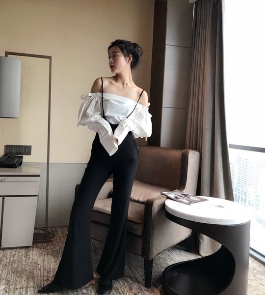 

septhydrogen марка модельер женщины высокая талия черный bib брюки streetwear sexy wide leg длинные брюки romper, Black;white