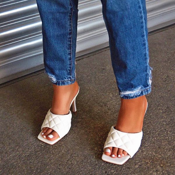 

mhyons vintage square toe slipper sandals women solid gingham high heel women's sandals block heel ladies shoes women, Black