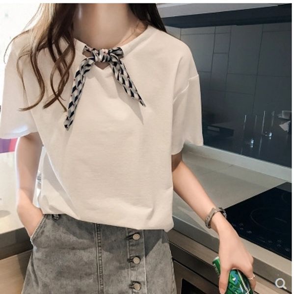 

summer clothes tie bow round collar women's butterfly diamond t- diamond short sleeve half sleeve t-shirt base shirt fashion, White