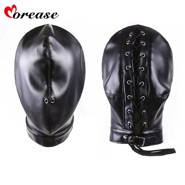 Maschera Morease Sexy Bondage Fetish Copertura completa Giocattolo del sesso per donna Coppia maschile Cappuccio in pelle BDSM Giocattoli erotici Sexo Giochi per adulti Y18110802