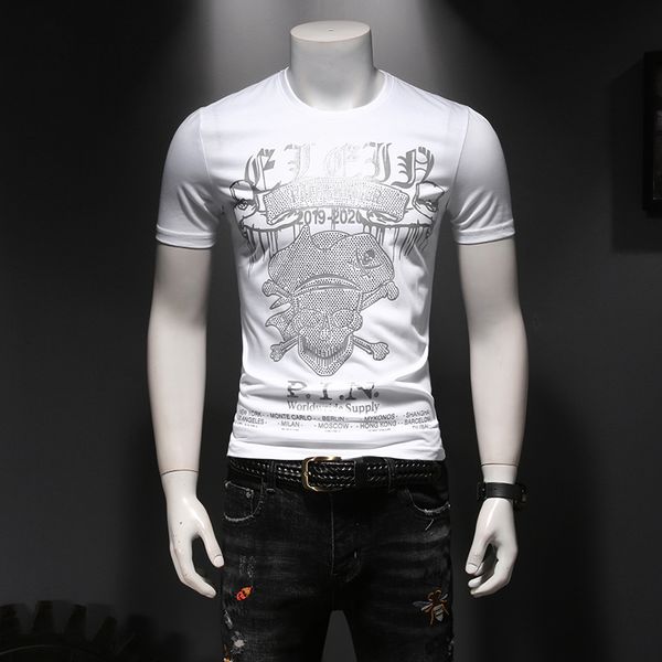 

2020 new men's short-sleeved tide brand skull skull rhinestone personalized t-shirt men's round neck casual bottoming shirt, White;black