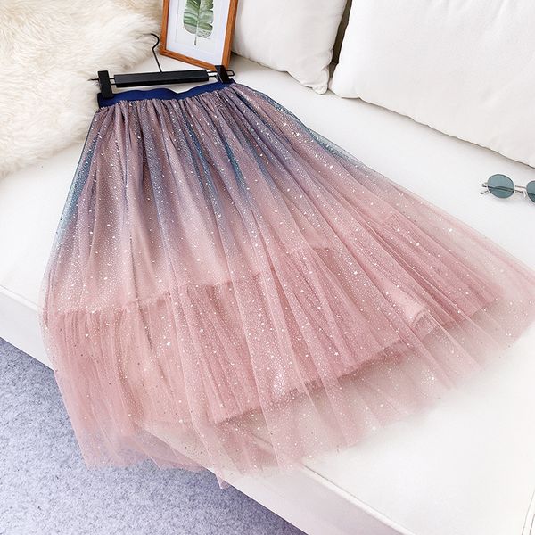 

2019 gradient color skirt summer new starry skydress sparkling sequined mesh skirt sweet temperament fairy, Black