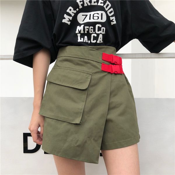 

summer style ins empire pockets safari style a-line faldas mujer moda high waist skirt women's clothing harajuku ladies hot, Black