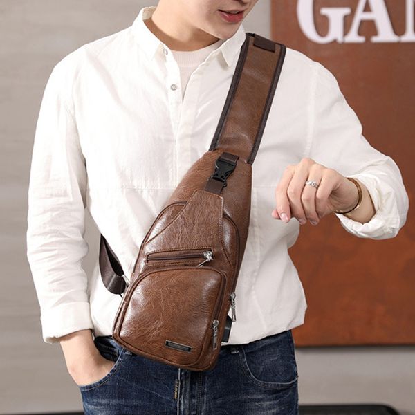 

men's chest bag men leather chest usb backbag with headphone hole travel organizer male bag