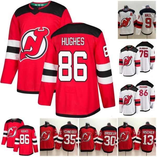 

2019 draft new jersey devils 86 jack hughes jerseys white 13 nico hischier 9 taylor hall 30 martin brodeur 35 cory schneider, Black;red
