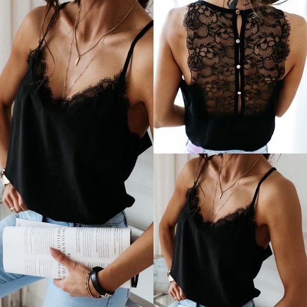 

women vest fashion eyelash lace tank sleeveless lace neck for woman tank vest button solid top, White