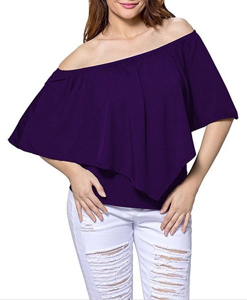 

women fashion off shoulder slash neck blouse shirt short sleeve solid casual, White