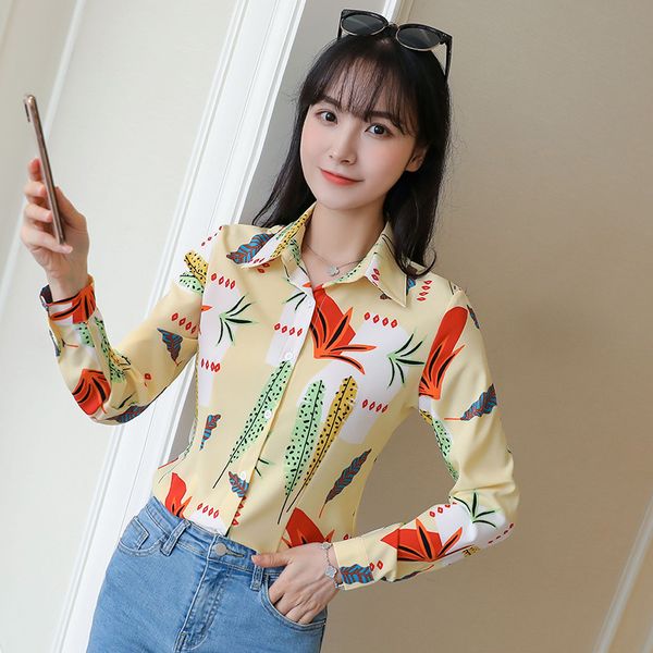 

2020 new women casual blouse spring autumn long sleeve slim shirts fashion korean flowers print shirts female chiffon blouse, White