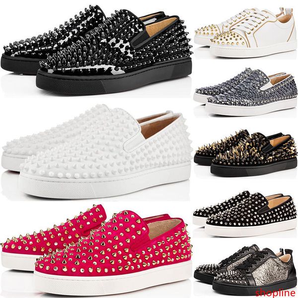 

2019 new designer studded spikes flats shoes red with flat bottoms shoes mens womens party lovers genuine leather sneakers size 36-46